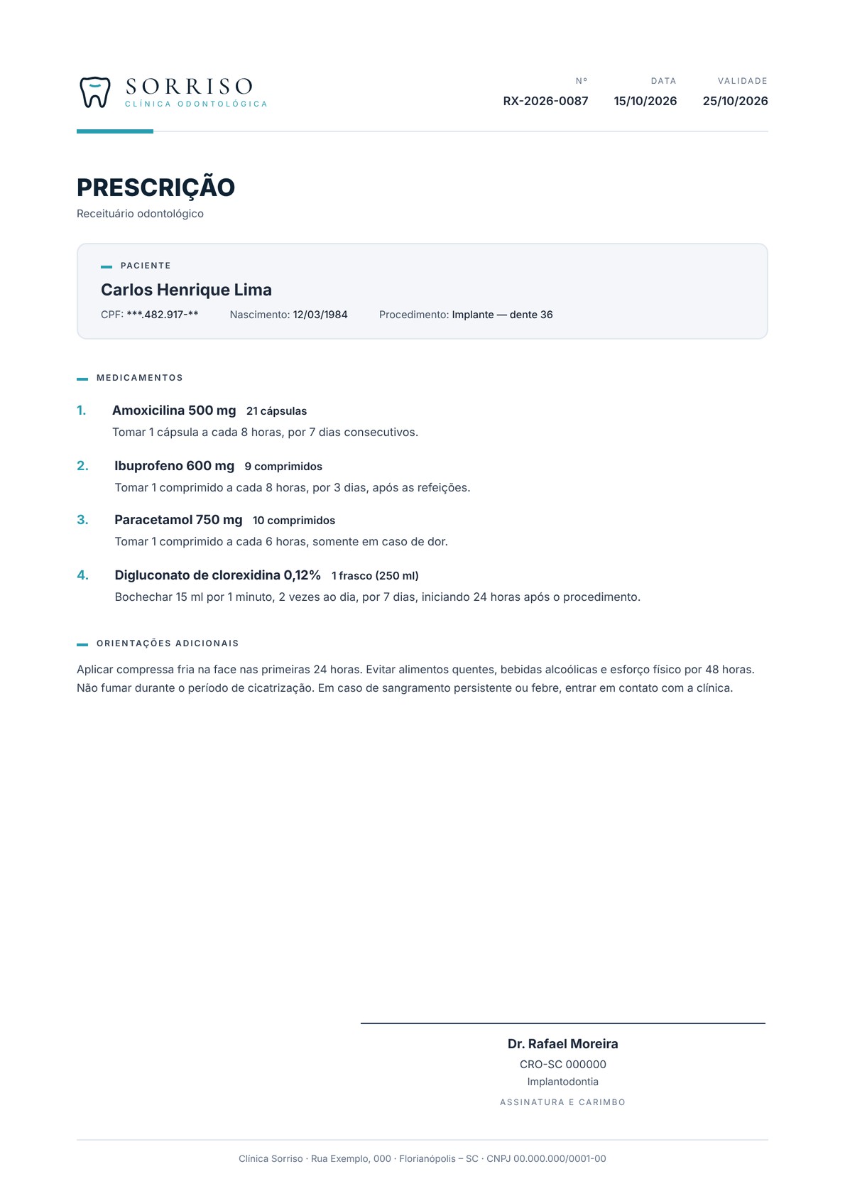 Prescrição odontológica gerada pelo CRM com a identidade da clínica